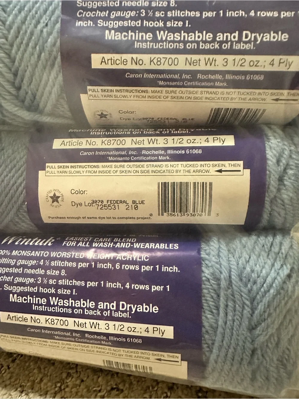 Vintage Caron Wintuk Yarn - Federal Blue, 3 Skeins Same Dye Lot